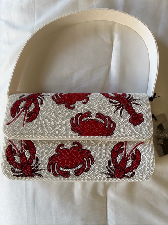 Sincerly Jules Handbags - Sincerly Jules White Beaded Shoulder Bag with Red Crab & Lobster Motifs